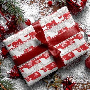 Rood & Zilveren Streep Sneeuwvlok & Santa's Sleigh Cadeaupapier