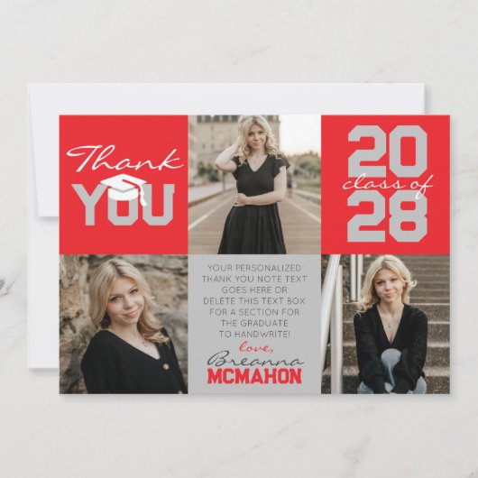 Rood & Zilvergrijs 3 Foto Afstuderen Dank u Kaart (Voorkant)