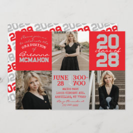 Rood & Zilvergrijs 3 Foto Afstuderen Invitation Kaart