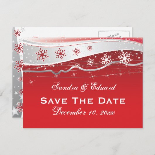 Rood, zilvergrijs sneeuwvlok bruiloft Save the Dat Aankondigingskaart (Voorkant / Achterkant)