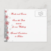 Rood, zilvergrijs sneeuwvlok bruiloft Save the Dat Aankondigingskaart (Achterkant)