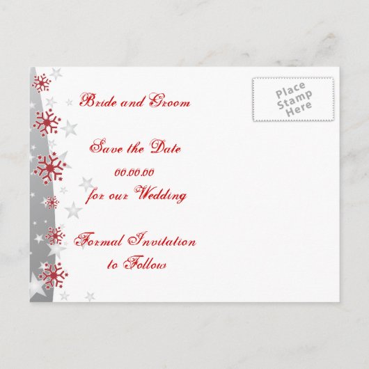 Rood, zilvergrijs sneeuwvlok bruiloft Save the Dat Aankondigingskaart (Achterkant)