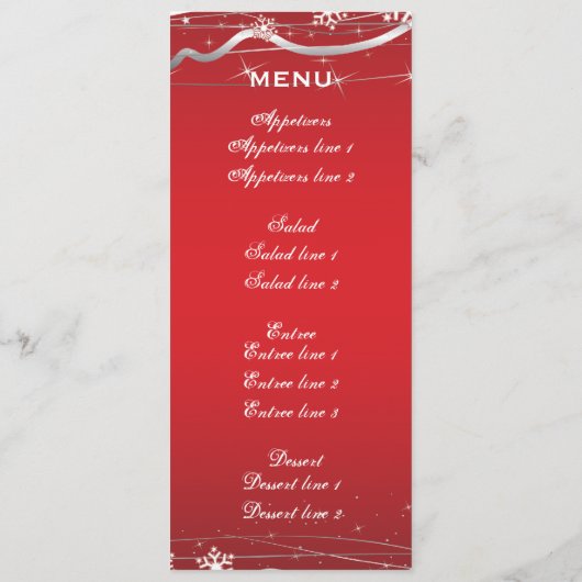 Rood, zilvergrijs sneeuwvlok trouwkaart menu (Achterkant)