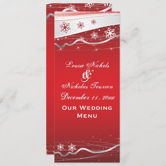 Rood, zilvergrijs sneeuwvlok trouwkaart menu (Voorkant / Achterkant)