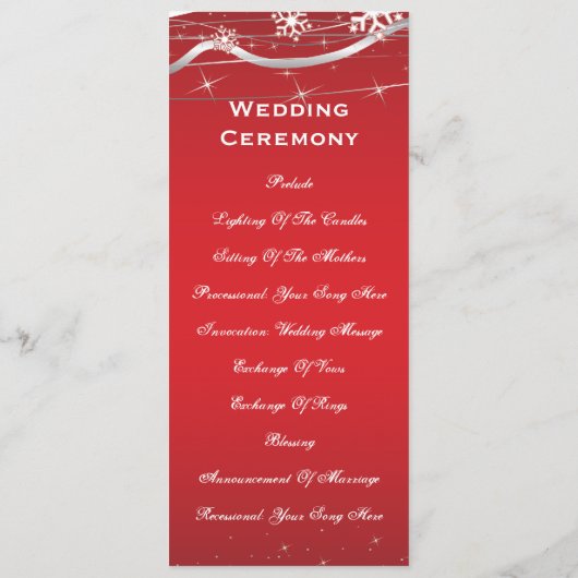 Rood, zilvergrijs sneeuwvlok trouwprogramma kaart (Achterkant)