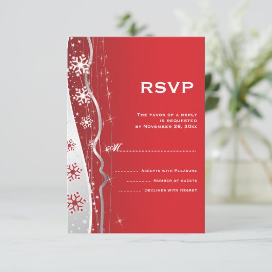 Rood, zilvergrijs sneeuwvlok winterbruiloft RSVP (Staand voorkant)