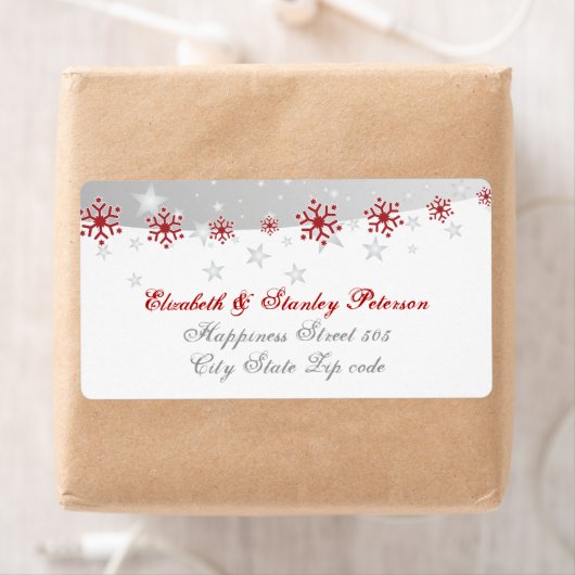 Rood zilvergrijs wit snowflake bruiloft etiket (Insitu)