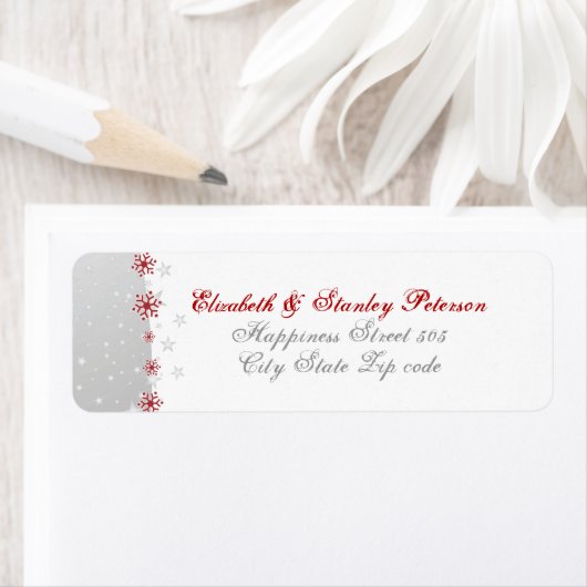 Rood zilvergrijs wit snowflake bruiloft etiket (Insitu)