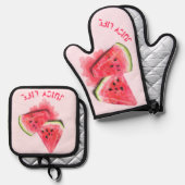 Rood Zoet Watermeloen Oven Mitt & Pot Houder Set (Voorkant / Achterkant)
