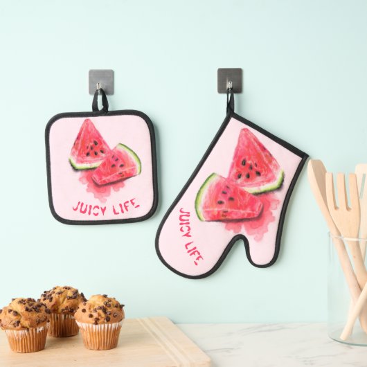 Rood Zoet Watermeloen Oven Mitt & Pot Houder Set (Insitu(Ophanging))