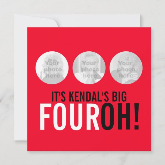 Rood & zwart 40th FOUROH! Fotoverjaardagsuitnodigi Kaart (Voorkant)