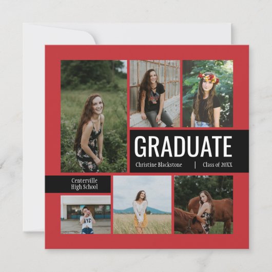 Rood & zwart 6 Foto Afstuderen Uitnodiging (Voorkant)