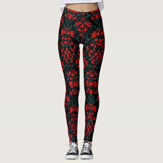 Rood Zwart Abstract Patroon Leggings (Voorkant)
