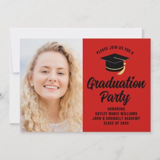 Rood Zwart Afstudeerfoto 2025 Verjaardagsfeestje Kaart (Voorkant)