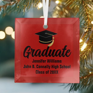 Rood zwart Afstuderen gepersonaliseerd Afstuderen Glas Ornament