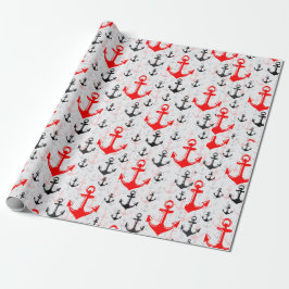 Rood zwart anker met wit achtergrondpatroon cadeaupapier