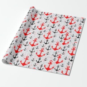 Rood zwart anker met wit achtergrondpatroon cadeaupapier