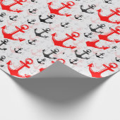 Rood zwart anker met wit achtergrondpatroon cadeaupapier (Hoek)
