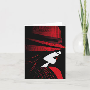 Rood & Zwart Art Deco Dame met Hoed Feestdagen Kaart