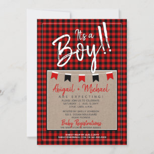 Rood + Zwart Baby Boy Plaid Lumberjack Baby shower Kaart