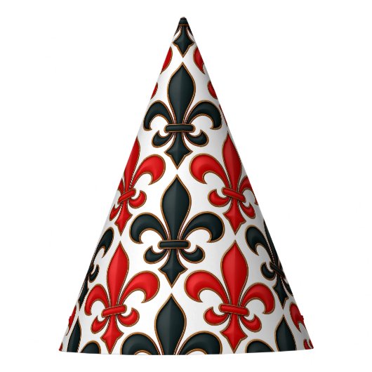 Rood Zwart Barok Fleur-de-lis Patroon Design Feesthoedjes (Voorkant)