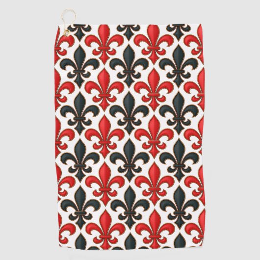 Rood Zwart Barok Fleur-de-lis Patroon Design Golfhanddoek (Voorkant)