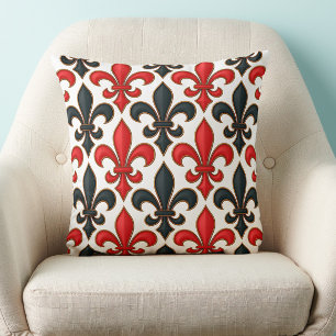 Rood Zwart Barok Fleur-de-lis Patroon Design Kussen