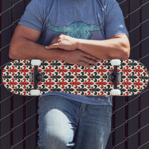 Rood Zwart Barok Fleur-de-lis Patroon Design Persoonlijk Skateboard
