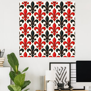 Rood Zwart Barok Fleur-de-lis Patroon Design Poster