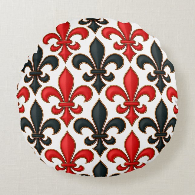 Rood Zwart Barok Fleur-de-lis Patroon Design Rond Kussen (Voorkant)