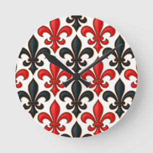 Rood Zwart Barok Fleur-de-lis Patroon Design Ronde Klok