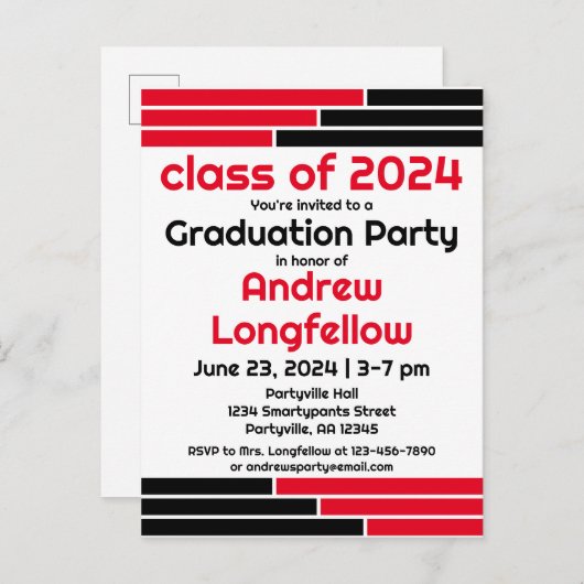 Rood & Zwart Bars Afstudeerfeest Uitnodiging Briefkaart (Voorkant / Achterkant)