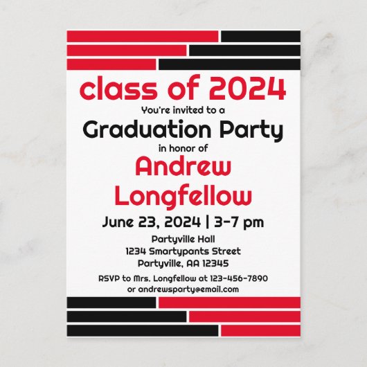 Rood & Zwart Bars Afstudeerfeest Uitnodiging Briefkaart (Voorkant)
