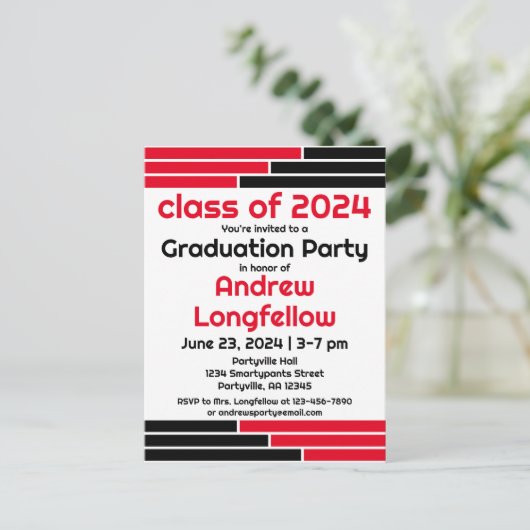 Rood & Zwart Bars Afstudeerfeest Uitnodiging Briefkaart (Staand voorkant)