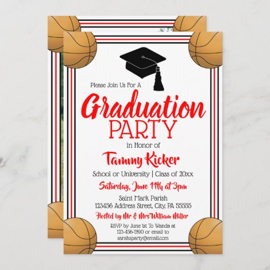 Rood & Zwart Basketbal Afstudeerfeest Kaart (Voorkant / Achterkant)