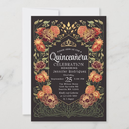 Rood & Zwart Betoverde Tuin Bloemen Quinceanera Kaart (Voorkant)