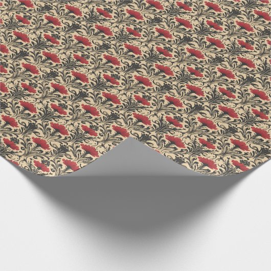 Rood & Zwart Bloemen Art Nouveau op Beige Cadeaupapier (Hoek)