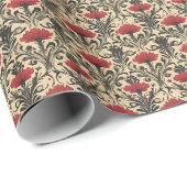 Rood & Zwart Bloemen Art Nouveau op Beige Cadeaupapier (Rol Hoek)
