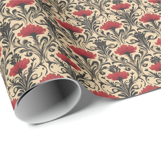 Rood & Zwart Bloemen Art Nouveau op Beige Cadeaupapier (Rol Hoek)