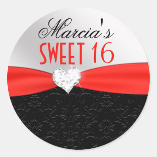 Rood Zwart Bloemen Damast Diamond Hart Seal Ronde Sticker