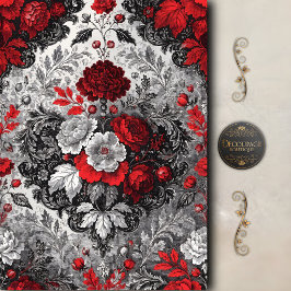 Rood Zwart Bloemendamask Decoupage Tissuepapier