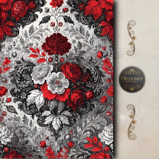 Rood Zwart Bloemendamask Decoupage Tissuepapier