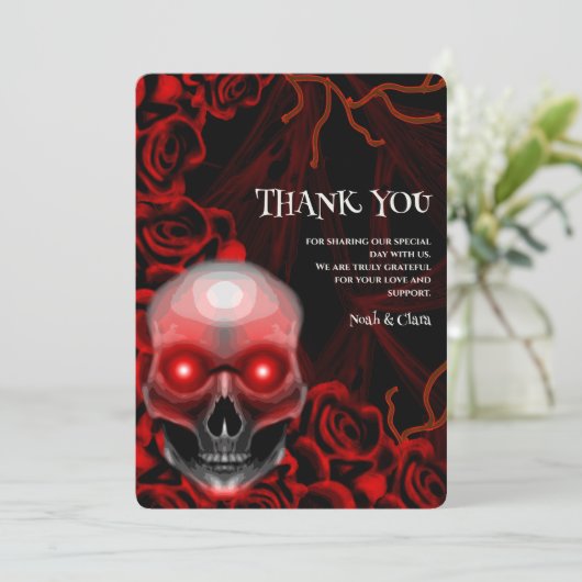 Rood Zwart bloemendonker humeurig gothic schedel H Bedankkaart (Staand voorkant)