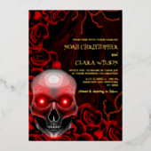 Rood Zwart bloemendonker humeurig gothic schedel H Folie Uitnodiging (Voorkant)