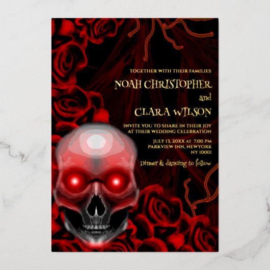 Rood Zwart bloemendonker humeurig gothic schedel H Folie Uitnodiging (Voorkant)