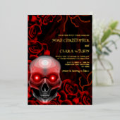 Rood Zwart bloemendonker humeurig gothic schedel H Folie Uitnodiging (Staand Voorkant)