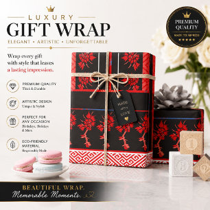 Rood Zwart Bloemig Cadeaupapier