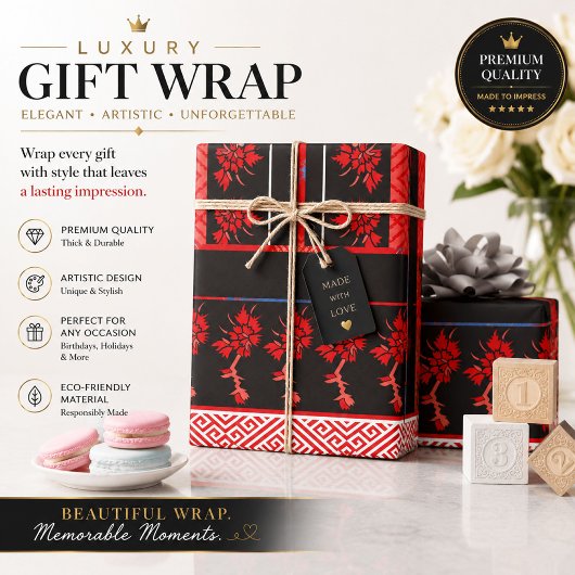 Rood Zwart Bloemig Cadeaupapier