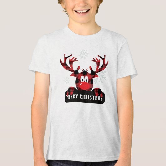 Rood & Zwart Buffalo Geplaagd Rendier Kerstmis Tri-Blend Shirt (Voorkant)