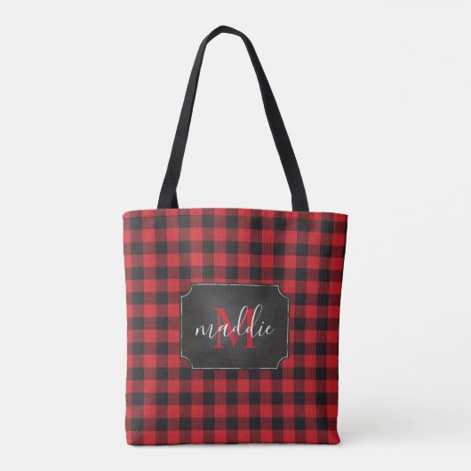 Rood & Zwart Buffalo Plaid Monogram Naam Canvas ta Tote Bag (Achterkant)